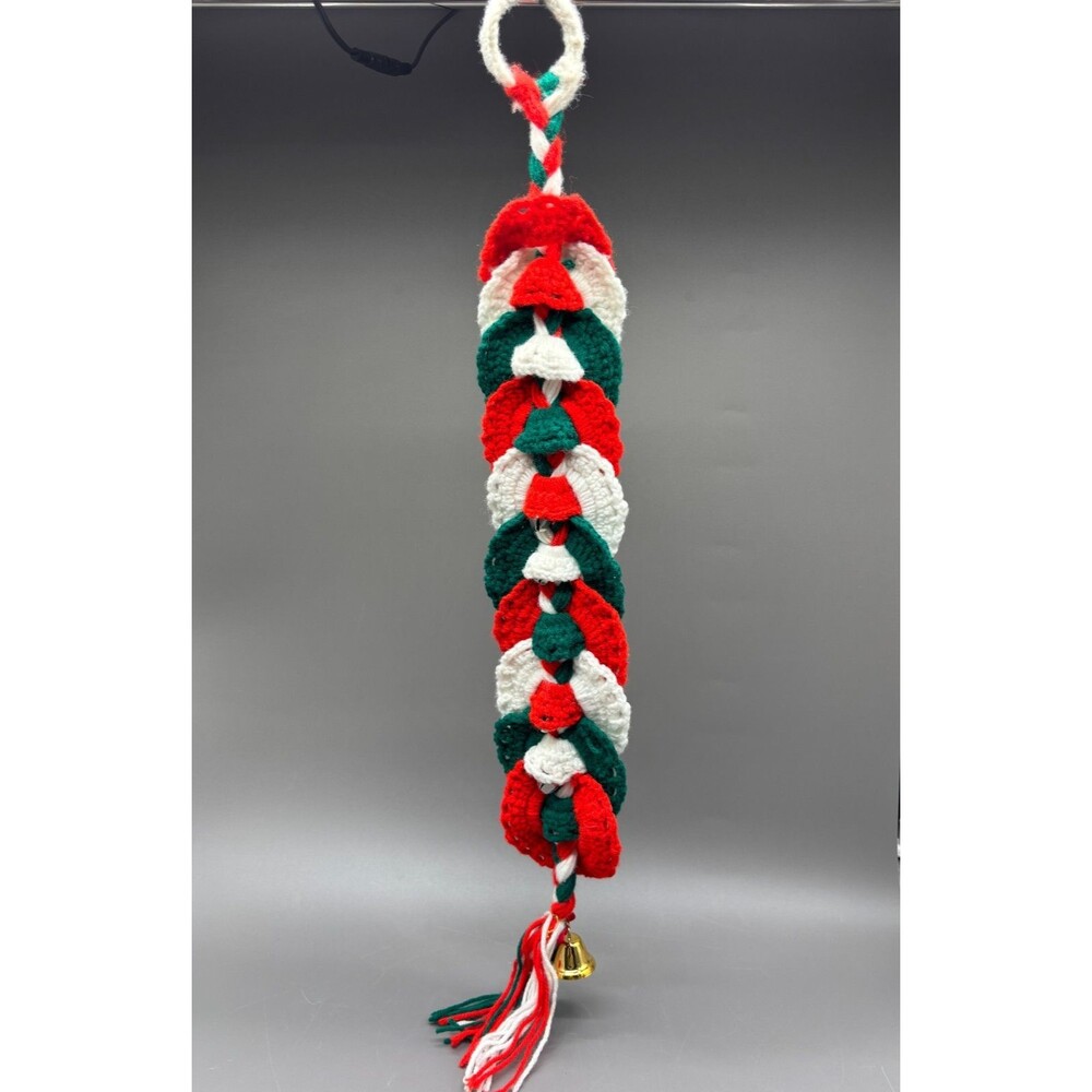 Vintage Hand Crochet Christmas Door Hanger Jingle Bells Garland Holiday Decor